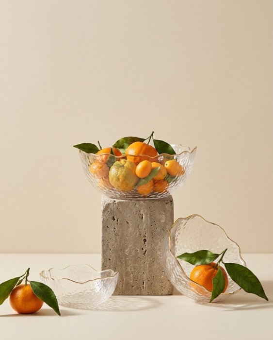 Set de 3 Boluri Bowls 15x15x13 cm, Sticlă Transparent Muchii Aurii - SHP [5]