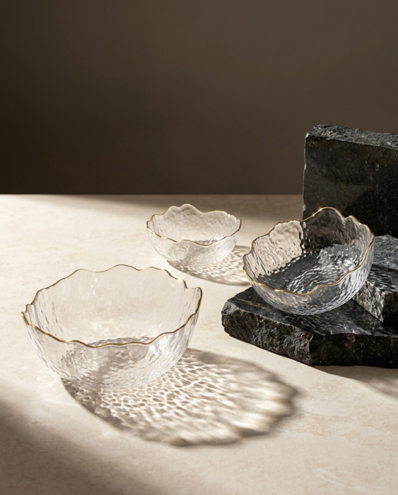 Set de 3 Boluri Bowls 15x15x13 cm, Sticlă Transparent Muchii Aurii - SHP [2]