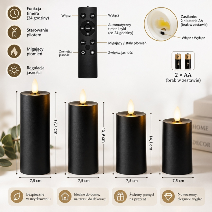 Set de 4 lumânări cu telecomandă Flame 5,5x5,5x17,7 cm, Negru Mat - SHP [4]