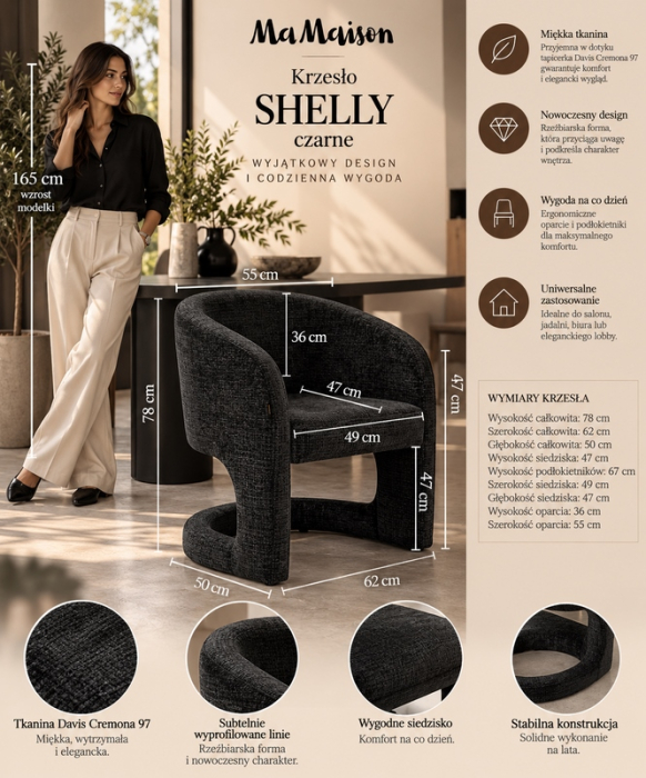 Set de 4 Scaune Shelly 62x50x78 cm, Țesătură Davis Cremona 97 Negru - MaMaison [11]