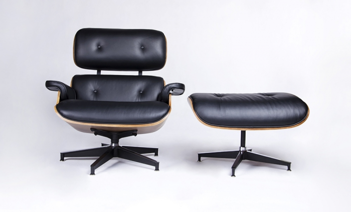 Set Fotoliu design lux LOUNGE HM cu taburet, piele neagra naturala/lemn nuc [4]