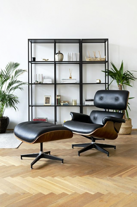 Set Fotoliu design lux LOUNGE HM cu taburet, piele neagra naturala/lemn nuc [2]