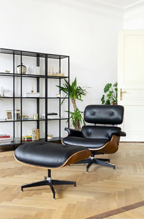 Set Fotoliu design lux LOUNGE HM cu taburet, piele neagra naturala/lemn nuc [3]