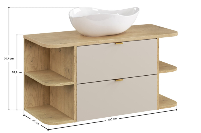 Set Mobilier Baie Dalia Cashmere 100 cm, cu blat și lavoar de blat Cloud, Stejar Cremona, Cașmir Mat - COMAD [3]