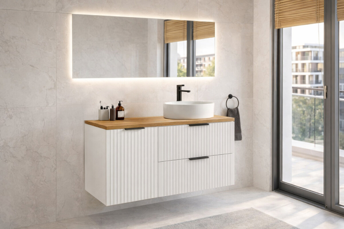 Set Mobilier Baie Adel White 100 cm, cu Blat și Dulap cu Coș de Rufe, Alb Mat - COMAD [2]