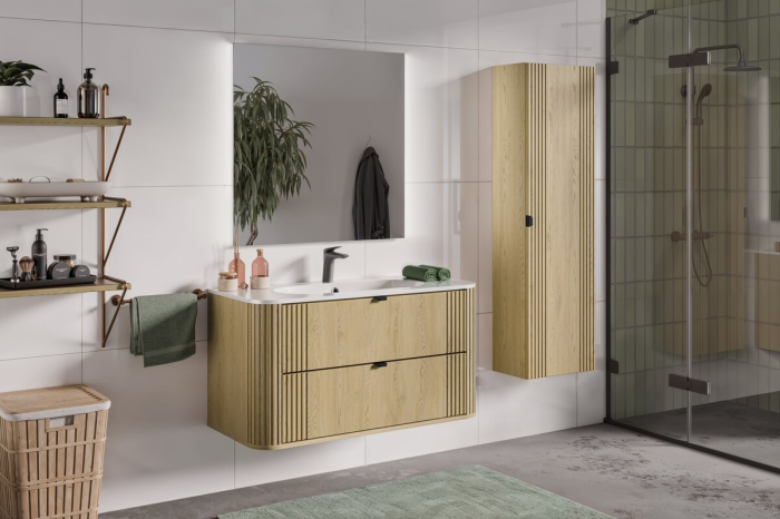 Set Mobilier Baie Ovalia Cremona 100 cm, cu Lavoar, 2 Piese, Stejar Cremona, Negru Mat - COMAD [3]