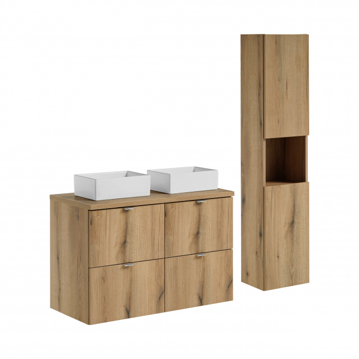 Set mobilier baie 100cm cu blat, 2 lavoare Gaja și dulap înalt Nova Oak [1]