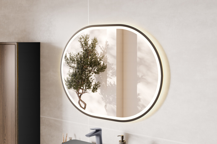 Set Mobilier Baie Xilo 120 cm, cu Lavoar Smile și Oglindă LED, Negru Mat, Stejar Wotan cu Gri Piatră - COMAD [15]
