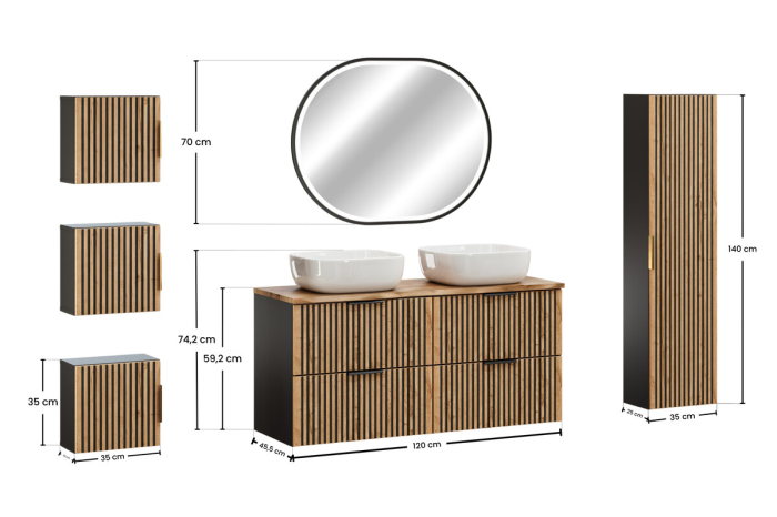 Set Mobilier Baie Xilo 120 cm, cu Lavoar Smile și Oglindă LED, Negru Mat, Stejar Wotan cu Gri Piatră - COMAD [3]
