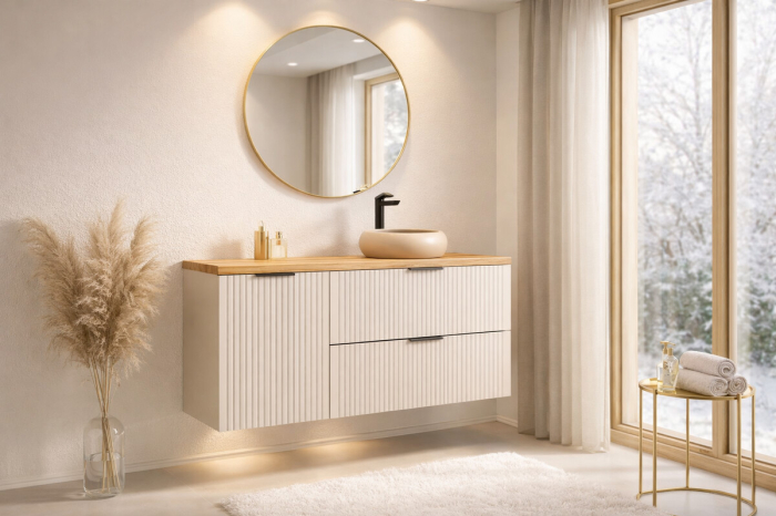 Set Mobilier Adel Cashmere 120 cm, cu Blat și Dulap cu Coș de Rufe, Cașmir Mat - COMAD [2]