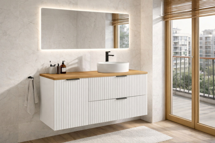 Set Mobilier Baie Adel White 120 cm, cu blat și dulap cu coș de rufe, Alb Mat - COMAD [2]