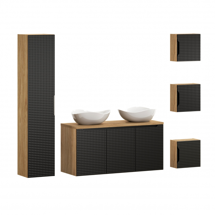 Set mobilier baie 120cm cu blat, 2 lavoare Cloud și dulap înalt Luxor Black [1]