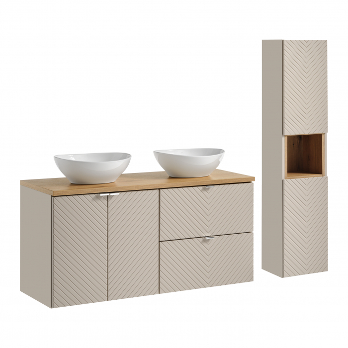 Set mobilier baie 120cm cu blat, 2 lavoare Lola și dulap înalt Viva Cashmere [1]