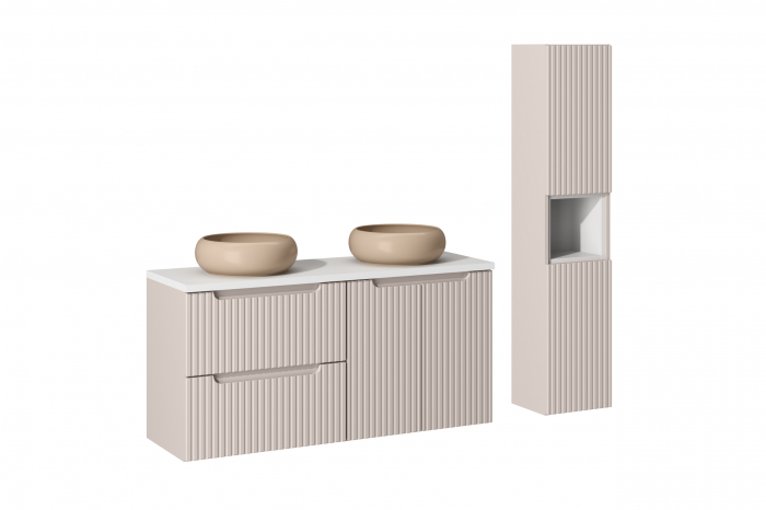Set mobilier baie 120cm cu blat, 2 lavoare Wiki și dulap înalt Nova Cashmere [1]