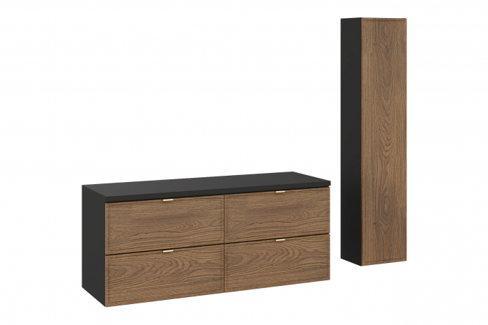 Set mobilier baie 120 cm, cu blat si dulap inalt, Talia Casella, negru mat, stejar Casella COMAD [1]
