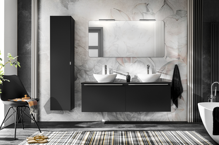 Set mobilier baie 120cm cu lavoare pe blat, dulap înalt și oglindă de 120 cm Santa Fe Black [1]