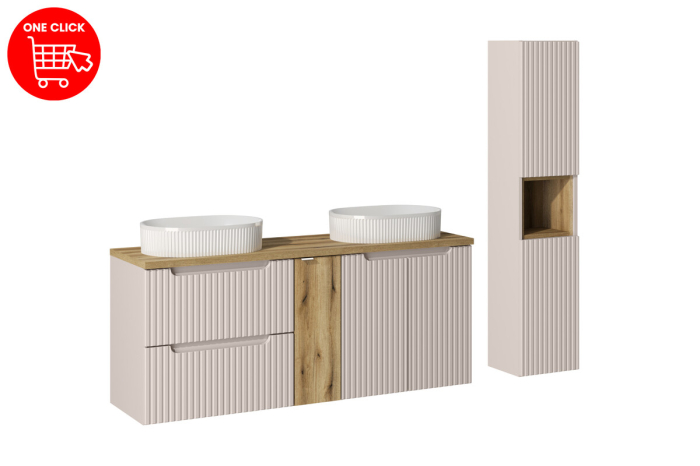 Set mobilier 140cm cu blat, două lavoare pe blat Beyond și dulap înalt Nova Cashmere COMAD SET-NOC B OAK 140CM D/S UN BEYOND 5 WH HC [2]