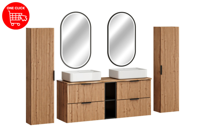 Set Mobilier Baie Adel Oak 140 cm, cu Blat, 2 Lavoare, Coloane Înalte, Oglindă LED, Stejar Wotan - COMAD [2]