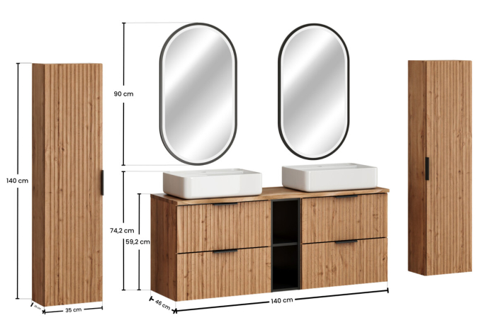 Set Mobilier Baie Adel Oak 140 cm, cu Blat, 2 Lavoare, Coloane Înalte, Oglindă LED, Stejar Wotan - COMAD [3]