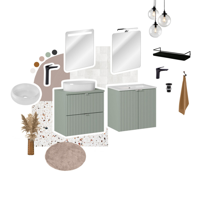 Set Mobilier Baie Line Reed Green 80 cm, cu Blat și Lavoar pe Blat, Mânere Argintii, Verde Trestie - COMAD [3]