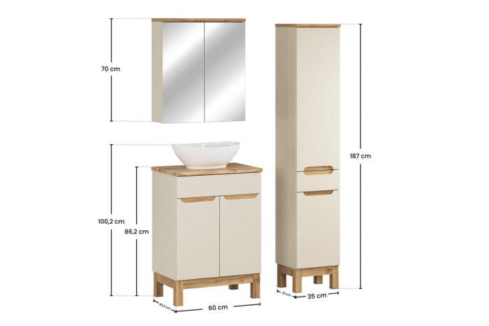 Set mobilier 60 cm cu blat, lavoar pe blat Lola, dulap înalt și dulap cu oglindă Bali Cashmere COMAD SET-BAC B NAT WOTAN 60CM UN LOLA HC MC [4]