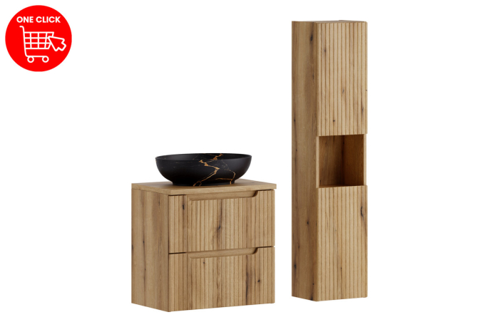 Set Mobilier Nova Coast Evoke 60 cm, cu blat, lavoar Mona, dulap înalt, Stejar - COMAD [2]