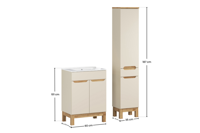 Set Mobilier Baie Bali Cashmere 60 cm, cu Lavoar și Dulap Înalt, Cașmir Mat - COMAD [4]