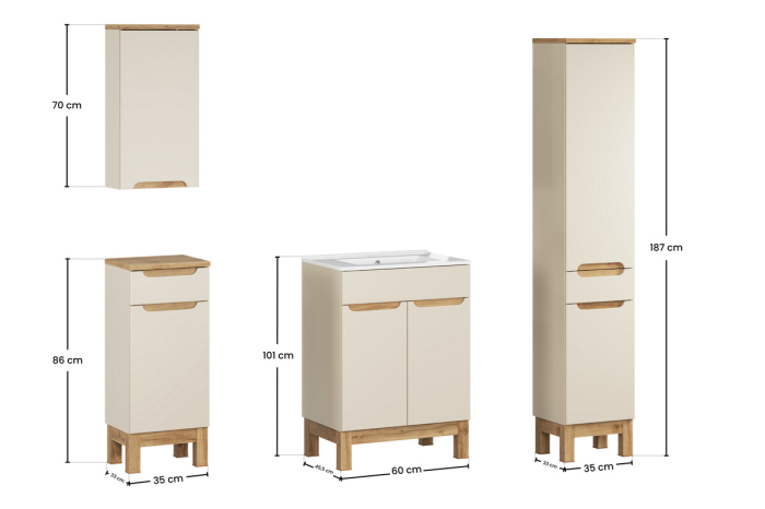 Set Mobilier Baie Bali Cashmere 60 cm, cu Lavoar și Dulap Înalt, Cașmir Mat - COMAD [4]