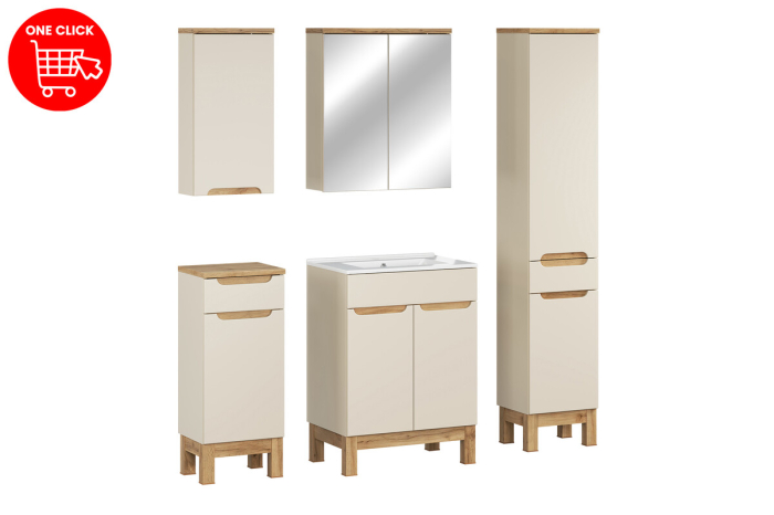Set Mobilier Baie Bali Cashmere 60 cm, cu Lavoar, Dulap Înalt și Dulap cu Oglindă, Cașmir Mat - COMAD [3]