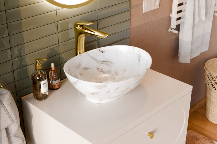 Set Mobilier Aster White 60 cm, cu Blat și Lavoar pe Blat, Alb Mat, Stejar Cremona - COMAD [9]