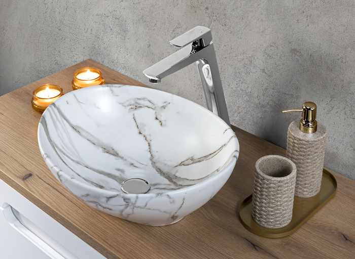 Set Mobilier Aster White 60 cm, cu Blat și Lavoar pe Blat, Alb Mat, Stejar Cremona - COMAD [10]
