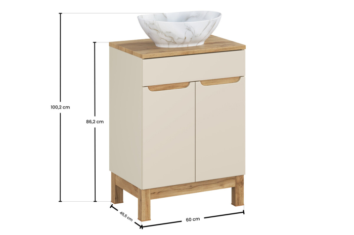 Set Mobilier Baie Bali Cashmere 60 cm, cu Blat și Lavoar pe Blat Pati, Cașmir Mat - COMAD [4]