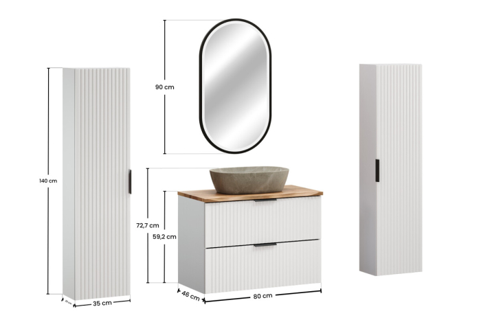Set Mobilier Baie Adel White 80 cm, cu blat, lavoar pe blat Anna, coloană și oglindă, Alb Mat - COMAD [3]