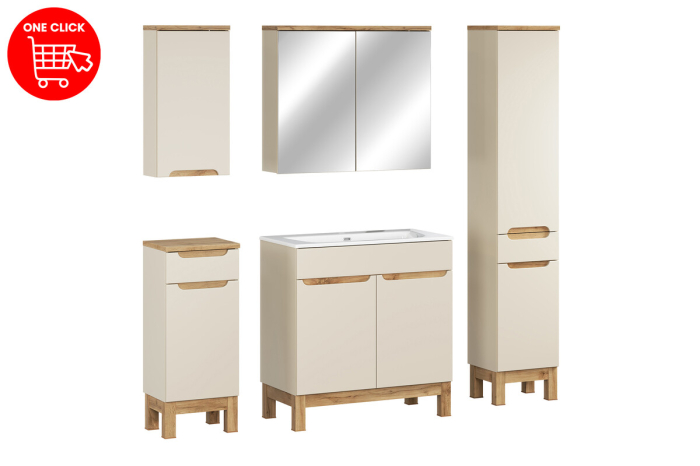 Set Mobilier Baie Bali Cashmere 80 cm, cu Lavoar, Coloană și Dulap cu Oglindă, Cașmir Mat - COMAD [3]
