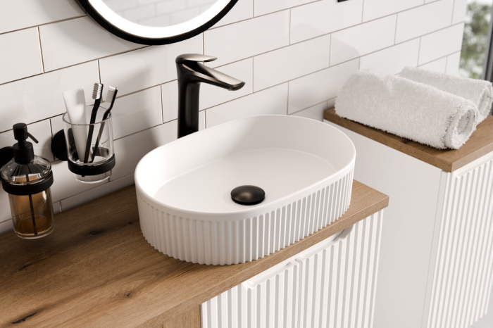 Set Mobilier Baie Nova Cashmere 80 cm, cu Blat și Lavoar Beyond, Cașmir Mat - COMAD [13]