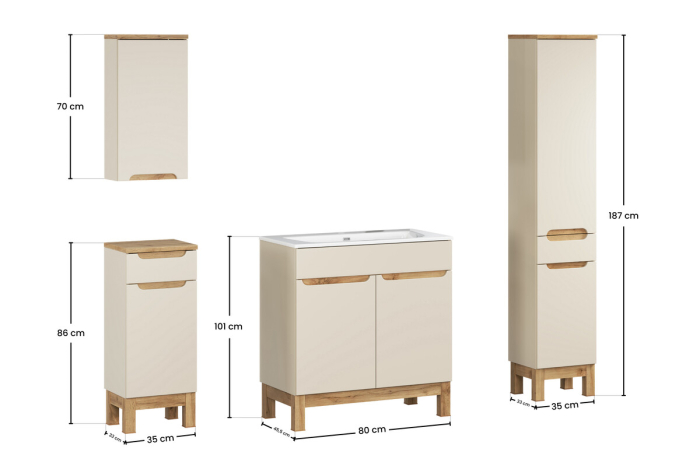 Set Mobilier Baie Bali Cashmere 80 cm, cu Lavoar și Dulap Înalt, Cașmir Mat - COMAD [4]