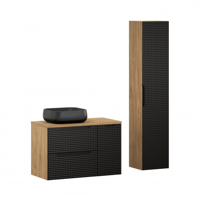 Set mobilier baie 90cm cu blat, lavoar Nika și dulap înalt Luxor Black [1]