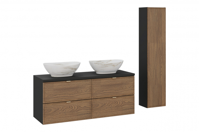 Set mobilier baie 120 cm, Negru mat, Stejar Casella, cu blat, 2 lavoare baie pe blat Pati si dulap inalt baie Talia Casella, COMAD [1]