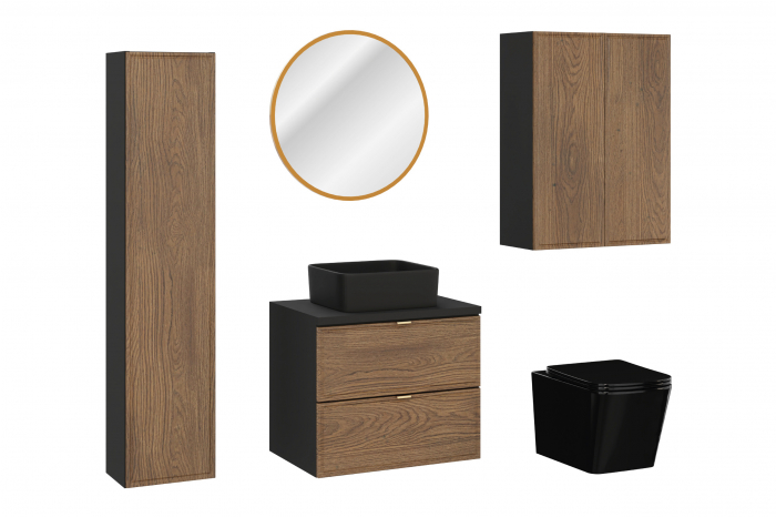Set mobilier baie 60 cm, negru mat si stejar Casella, cu blat, lavoar pe blat Slim, dulap inalt, oglinda LED, vas WC suspendat Talia Casella, COMAD [1]