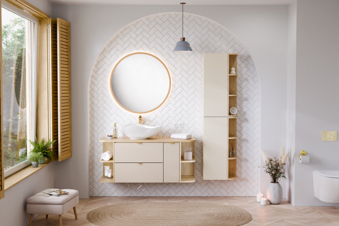 Set Mobilier Baie Dalia Cashmere 100 cm, cu blat și lavoar de blat Cloud, Stejar Cremona, Cașmir Mat - COMAD [4]