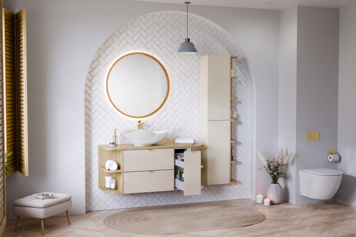 Set Mobilier Baie Dalia Cashmere 100 cm, cu blat și lavoar de blat Cloud, Stejar Cremona, Cașmir Mat - COMAD [5]