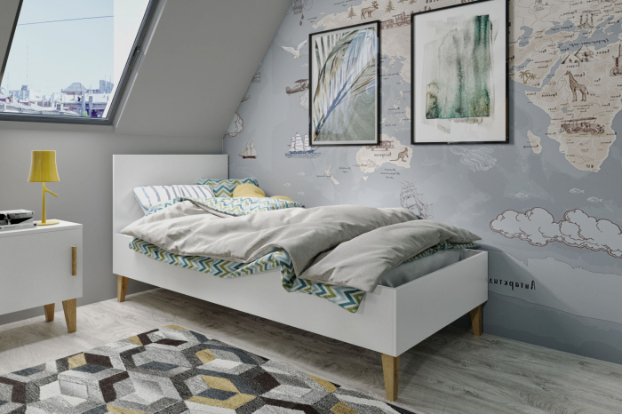 Set mobilier dormitor alb Kubi, 3 piese, design scandinav - pat 200x90 cm si noptiera, comoda cu sertare [4]