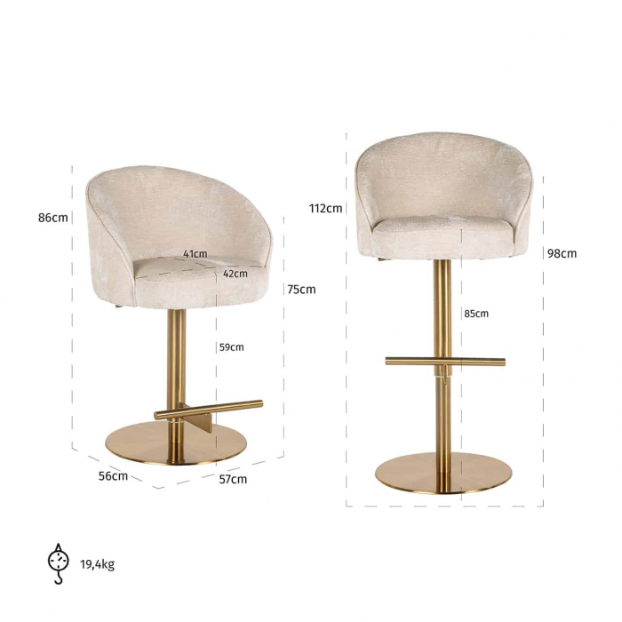Taburet de bar Zabi pivotant chenil alb (Bergen 900 chenil alb), S4554 WHITE CHENILLE - Richmond Interiors [5]