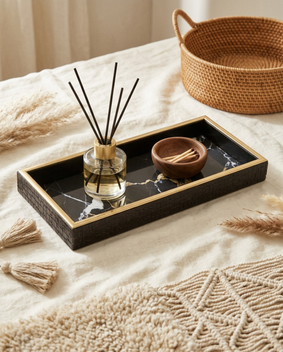 Tavă Decorativă Marble 10,9x27,9x3 cm, Sticlă și Plastic Alb; Auriu; Negru - SHP [5]