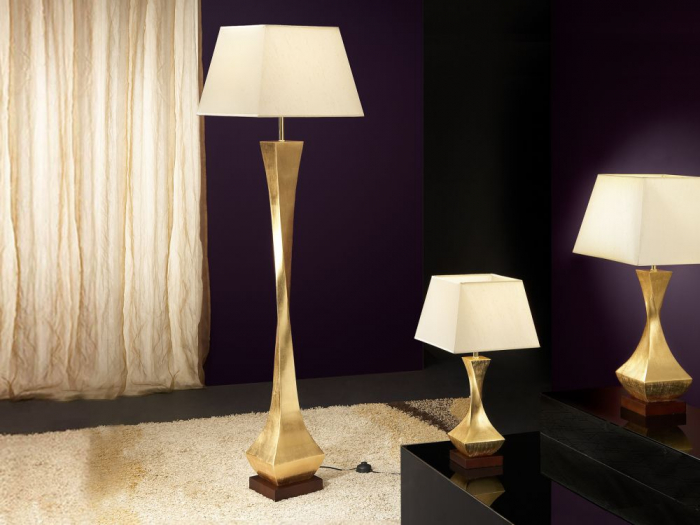 Veioza de lux aurie/argintie Camilo 64 cm baza lemn nuc, abajur textil, 662536 - Schuller [3]