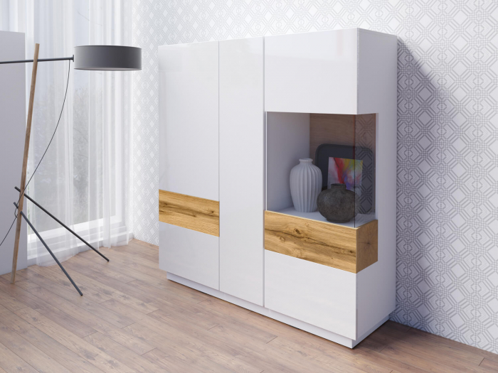 Vitrina living alb lucios Arya 130x140 cm, alb/stejar wotan, iluminare LED [3]