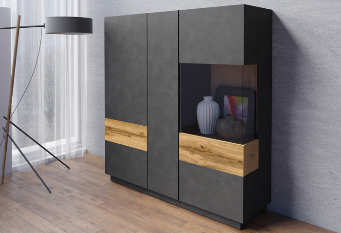 Vitrina living neagra Arya 130x140 negru mat/stejar wotan [4]