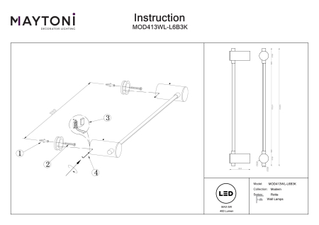 Aplică de perete Rotta, Aluminiu Negru, 6W, MAYTONI MOD413WL-L6B3K [6]