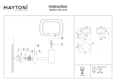 Aplică de perete Vision, Aluminiu Auriu, 60W, MAYTONI MOD411WL-01G [5]