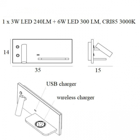 Aplica perete alba/neagra LED Jameia 35x15x14 cm, incarcator wireless, port USB, W0292 - Maxlight [4]